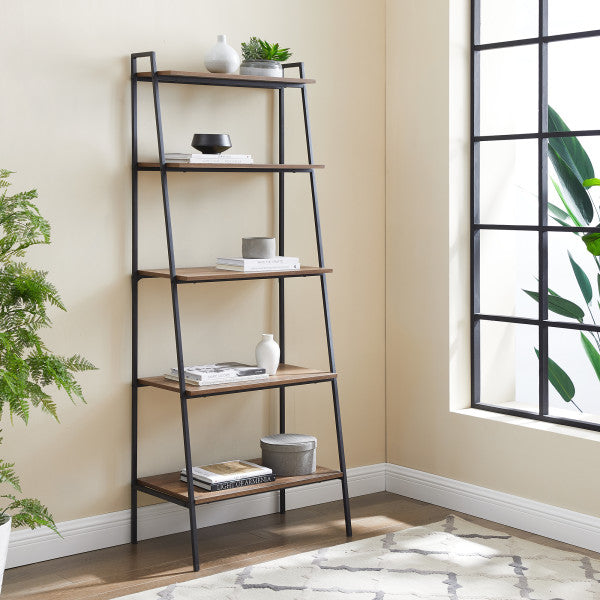 Modern Solid Wood 5-Tier Shelf Ladder Bookcase in Walnut