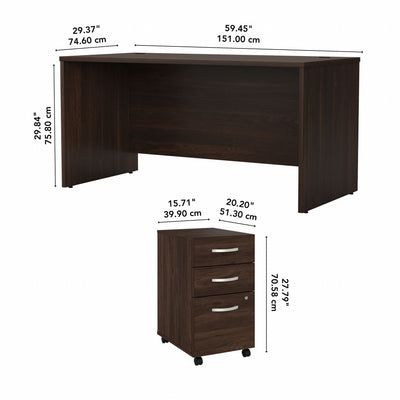 Black Walnut 60" Office Desk with Mobile Pedestal