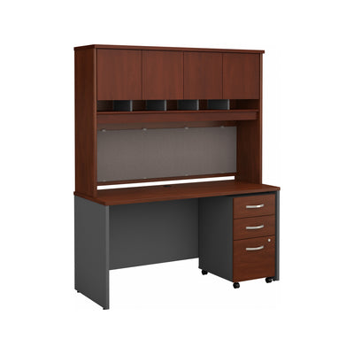 60" Modern Credenza Office Desk with Hutch and Mobile File Cabinet in Hansen Cherry