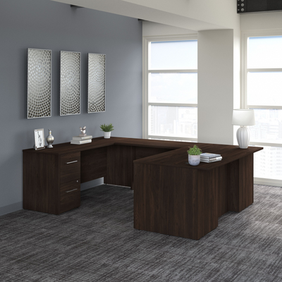 72" Modern U-Shaped Executive Office Desk with Drawers in Black Walnut