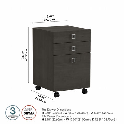 16" Modern Mobile 3-Drawer File Cabinet in Charcoal Maple