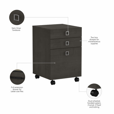 16" Modern Mobile 3-Drawer File Cabinet in Charcoal Maple