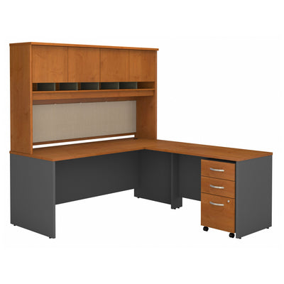 72" L-shaped Desk with Hutch and Mobile File Cabinet in Natural Cherry/Graphite Gray