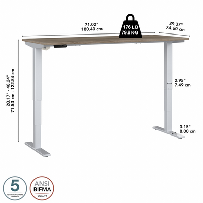 72" Large Modern Adjustable Standing Office Desk in Modern Hickory with Metallic Base