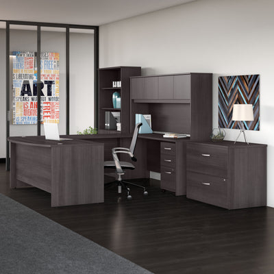 Storm Gray U-shaped Desk with Hutch & Included Lateral File, Mobile File, & Bookcase