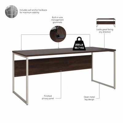 72" Modern Executive Office Desk with Metal Legs in Black Walnut