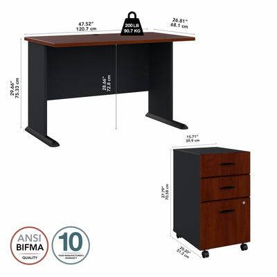 48" Modern Desk with 3-Drawer Mobile Pedestal in Hansen Cherry/Galaxy