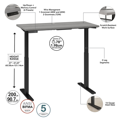 72" Modern Standing Office Desk in Platinum Gray with Black Base