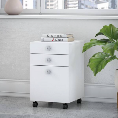 Pure White Mobile File Cabinet with Two Utility Drawers