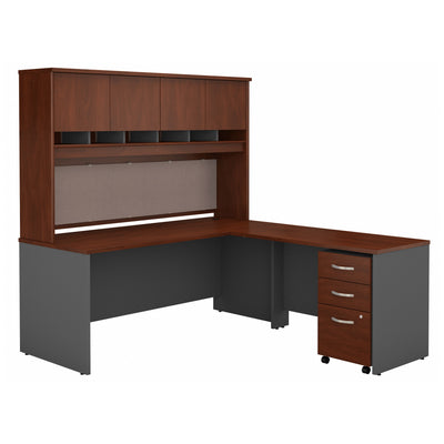 72" L-shaped Desk with Hutch and Mobile File Cabinet in Hansen Cherry/Graphite Gray