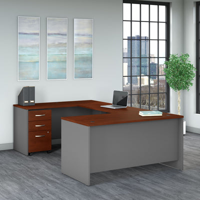 Cherry & Gray Modern U-shaped Office Desk with Mobile File