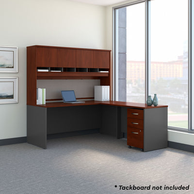 72" L-shaped Desk with Hutch and Mobile File Cabinet in Hansen Cherry/Graphite Gray