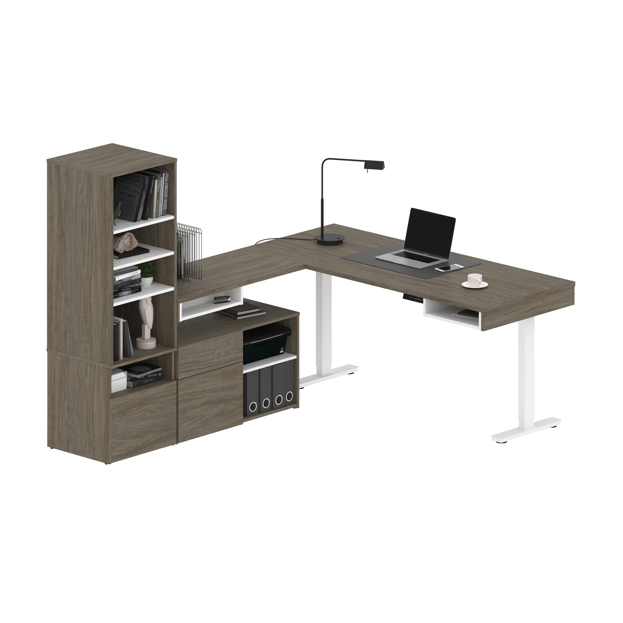 Bestar Viva Two 72W L-Shaped Standing Desks with Credenza and Shelving Unit , Walnut Grey & White