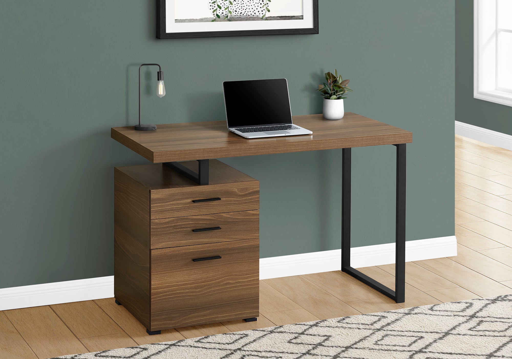 Techni Mobili Reversible L-Shape Computer Desk with Drawers and File Cabinet, Walnut