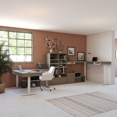 Set of Two 88" L-Shaped Adjustable Desks with Built-in Storage in Walnut Gray