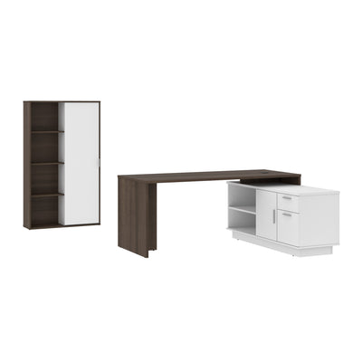 71" Antigua and White Modern L-Desk Set with Credenza and Cabinet