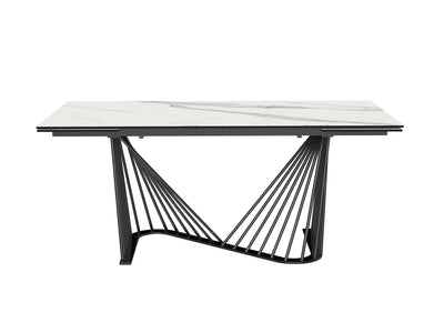 72" White Ceramic Glass Table with Black Metal Base (Extends to 102")