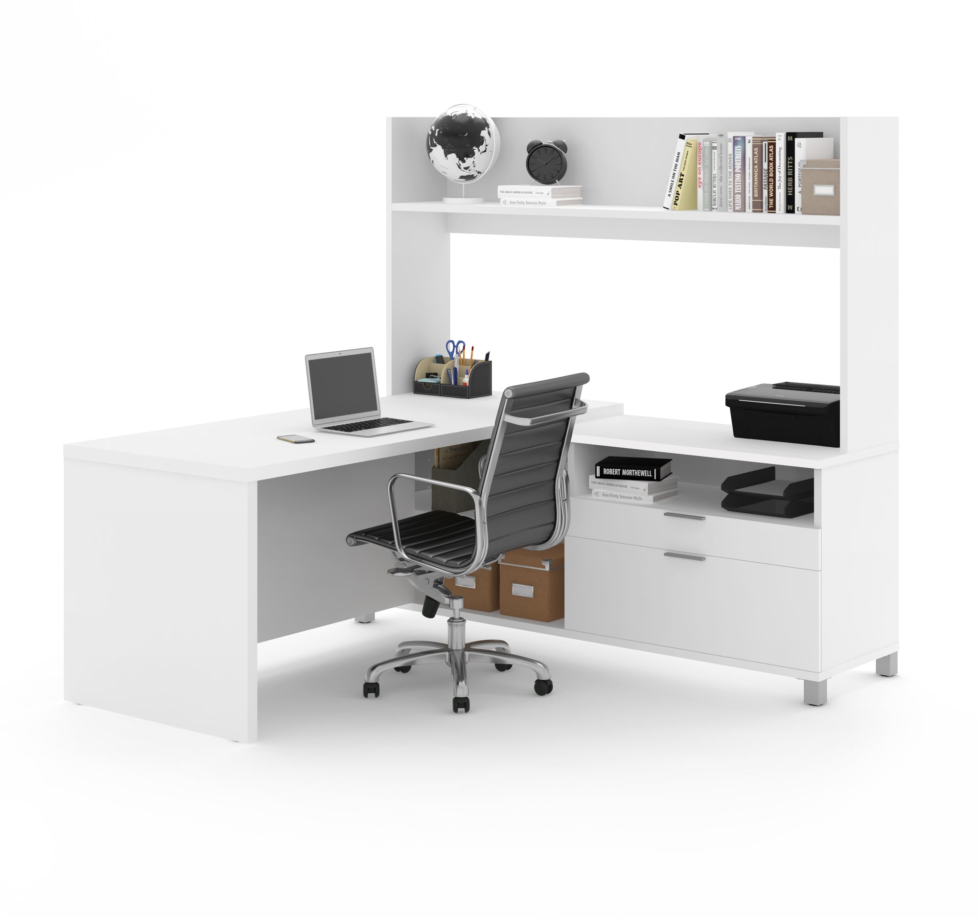 Modern 71 L-Shaped White & Cement Office Desk w/ Drawers